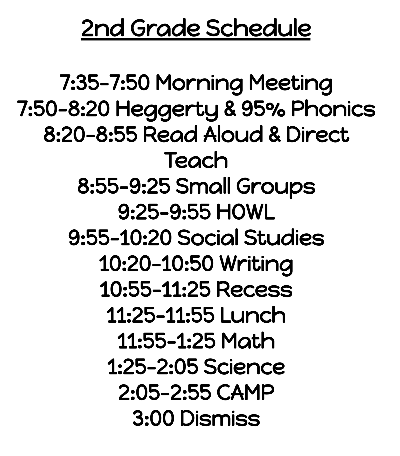 2nd grade schedule